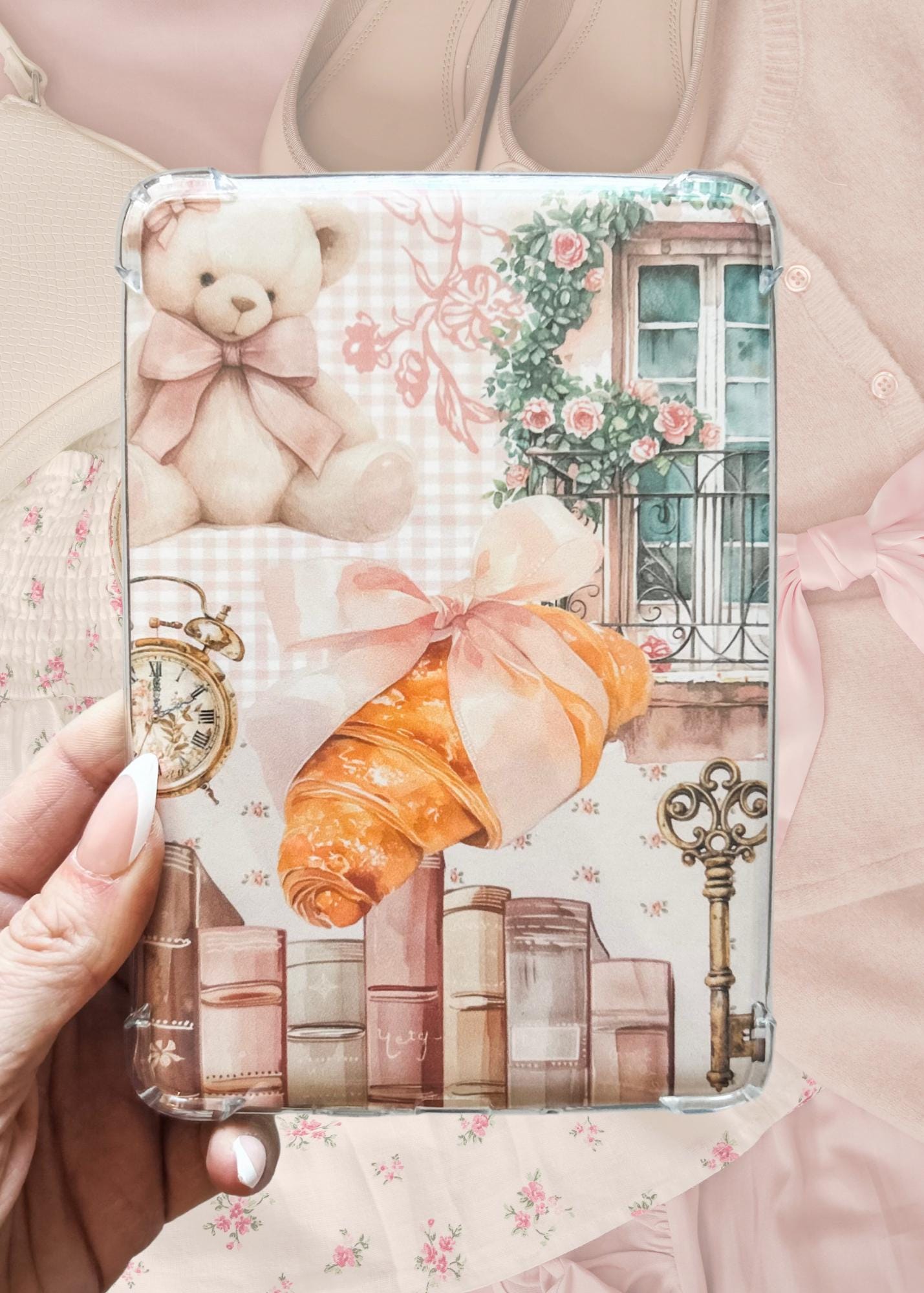 Croissant Coquette Kindle Insert for Clear Case | Romantic Bookish Case Insert for Paperwhite, Colorsoft, Basic, Scribe, & Oasis