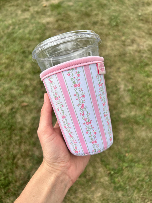 Floral Stripe Iced Coffee Sleeve | Floral Reusable Drink Sleeve | Iced Coffee Coozie